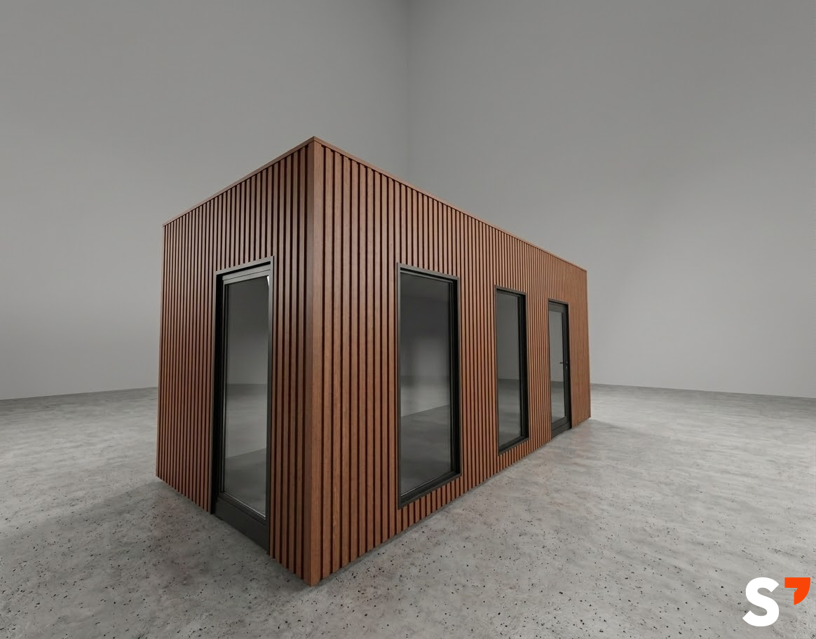 Kontener biurowy STAGO — moduł z akcentem drewnianym i oknami
