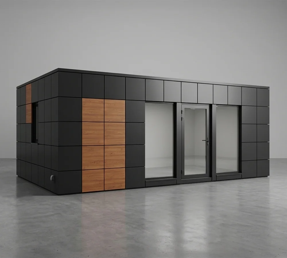 Pawilon CUBE — czarny kubik z drewnianą wstawką