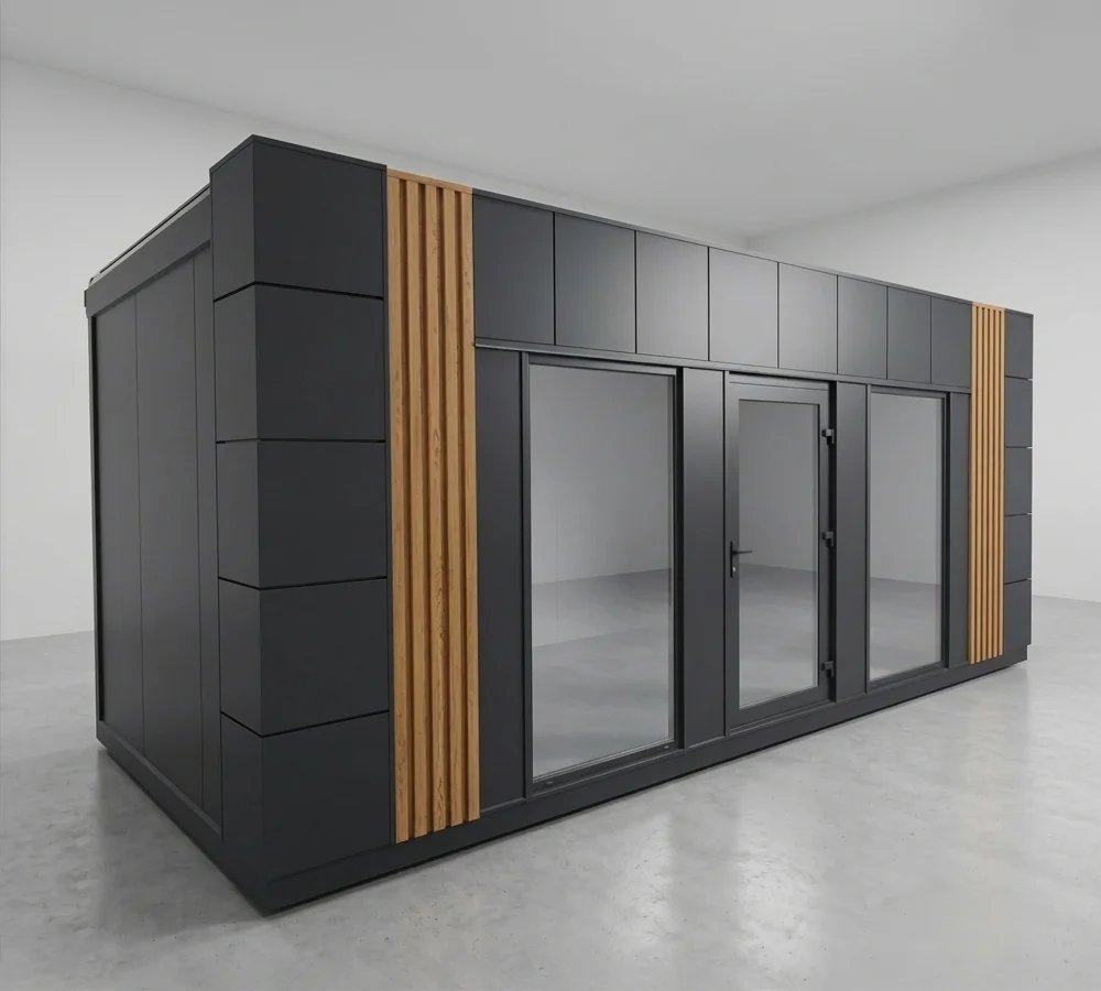 Pawilon DUET — grafit z drewnianymi akcentami