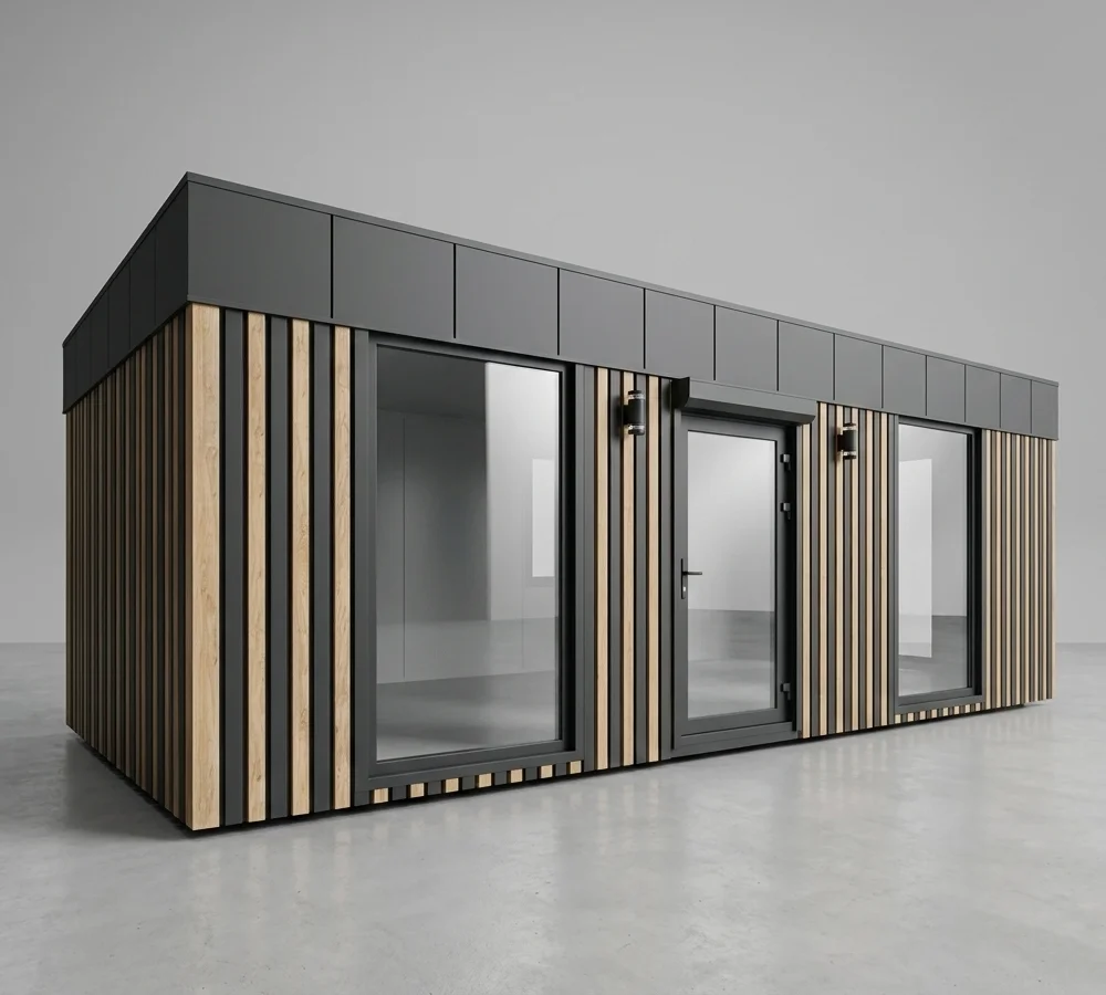 Pawilon modułowy STAGO LOFT — front showroomowy z trzema witrynami