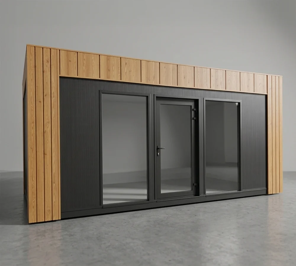 Pawilon SAGA — drewniana góra, grafitowy front